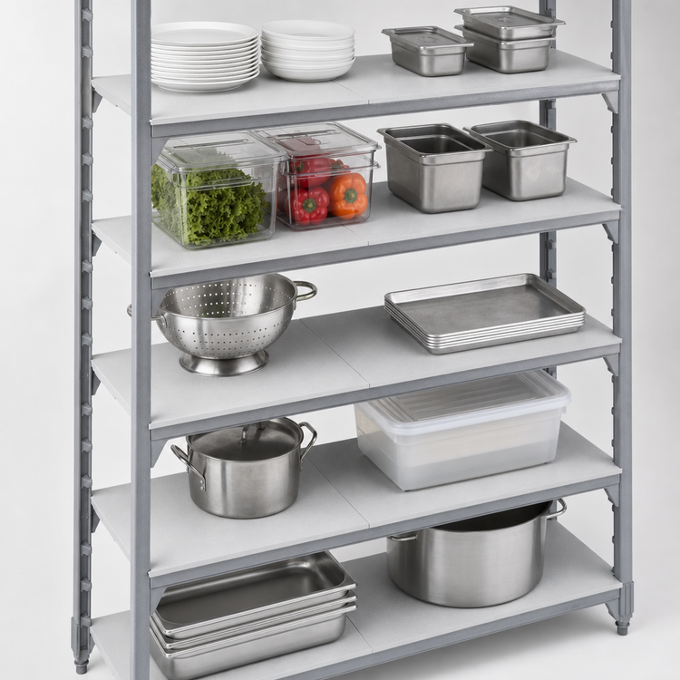 Product image #4 for Cambro Camshelving Premium 21" x 54" Solid Shelf Kit for 5 Shelves, Speckled Gray