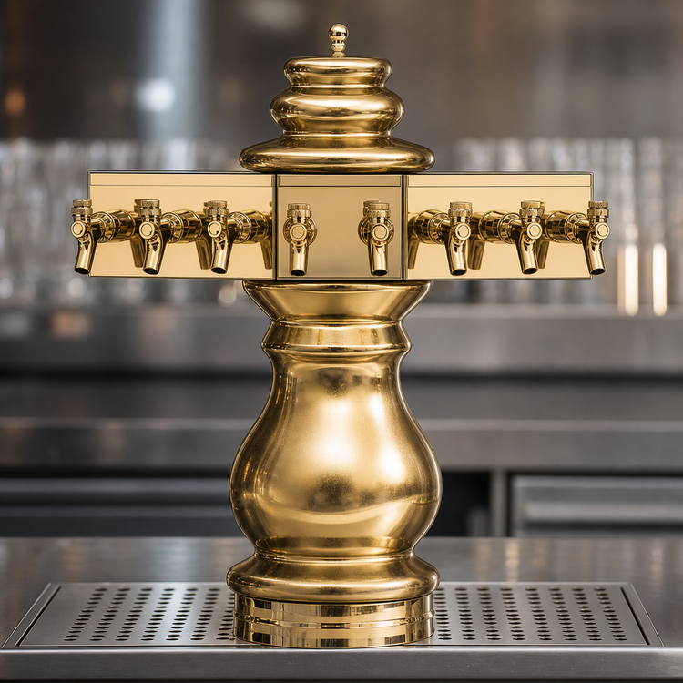 Product image #3 for Glastender Braumeister 6-Faucet Air-Cooled Draft Dispensing Tower with Surface-Mount Drain Pan, Polished Brass Finish