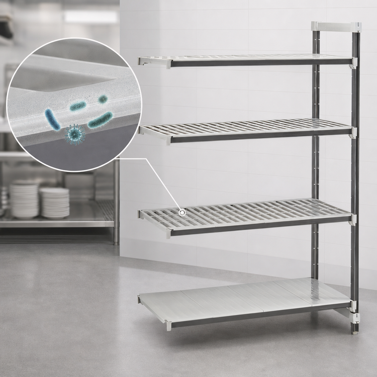 Product image #3 for Cambro Camshelving Elements XTRA Stationary Add-On Shelving Unit, 18 x 36 x 64, 4-Shelf, Vented and Solid, Speckled Gray