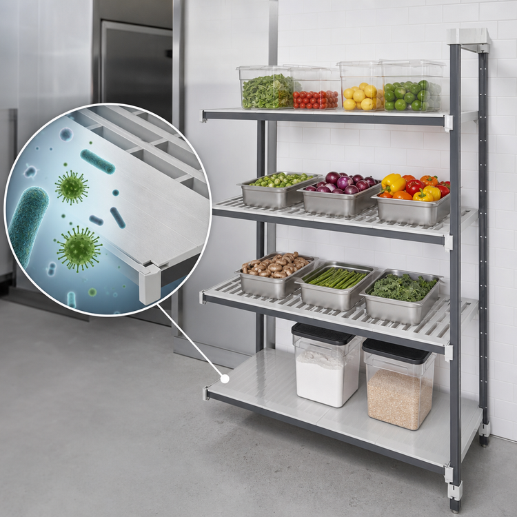 Product image #3 for Cambro Camshelving Elements XTRA Stationary Add-On Polymer Shelving Unit, 4-Tier, 18 x 48 x 64 Inches, Vented & Solid Shelves, Speckled Gray