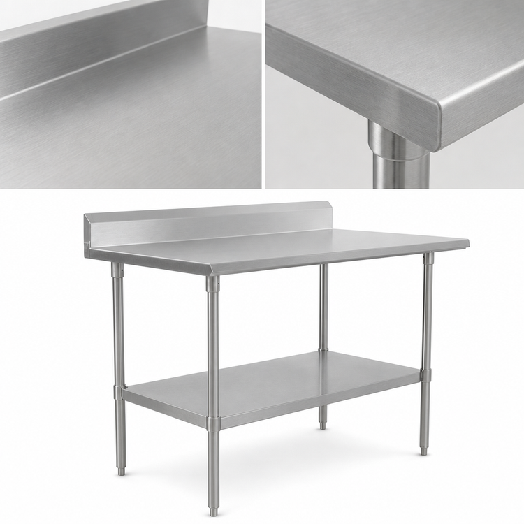 Product image #3 for John Boos Stallion 144-Inch x 36-Inch Stainless Steel Work Table with 5-Inch Backsplash, Safety Edge, and Fixed Undershelf