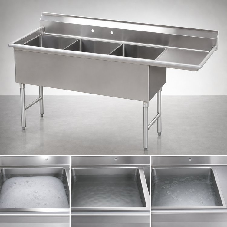 Product image #3 for Advance Tabco 3-Compartment Fabricated Sink with 24-Inch Right-Hand Drainboard, 14-Gauge 304 Stainless Steel