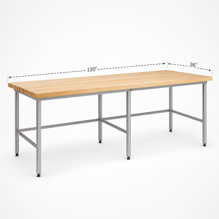 Product image #3 for John Boos Stainless Steel Baker's Table Frame for 120 x 36 Inch Top, Without Bin Stops