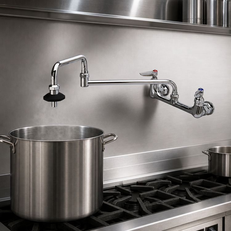 Product image #3 for T&S Brass Splash-Mounted Pot Filler Faucet with 8-Inch Centers and 18-Inch Double-Jointed Swing Nozzle