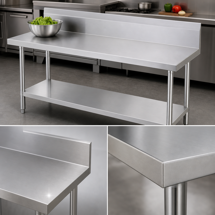 Product image #3 for Advance Tabco 120-Inch x 30-Inch 14-Gauge 304 Stainless Steel Work Table with 10-Inch Backsplash and Adjustable Galvanized Undershelf