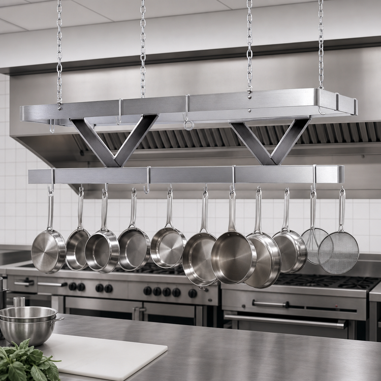 Product image #3 for Advance Tabco SC-84 Ceiling-Mounted Stainless Steel Triple-Bar Pot Rack, 84 Inch x 22 Inch, 18 Hooks