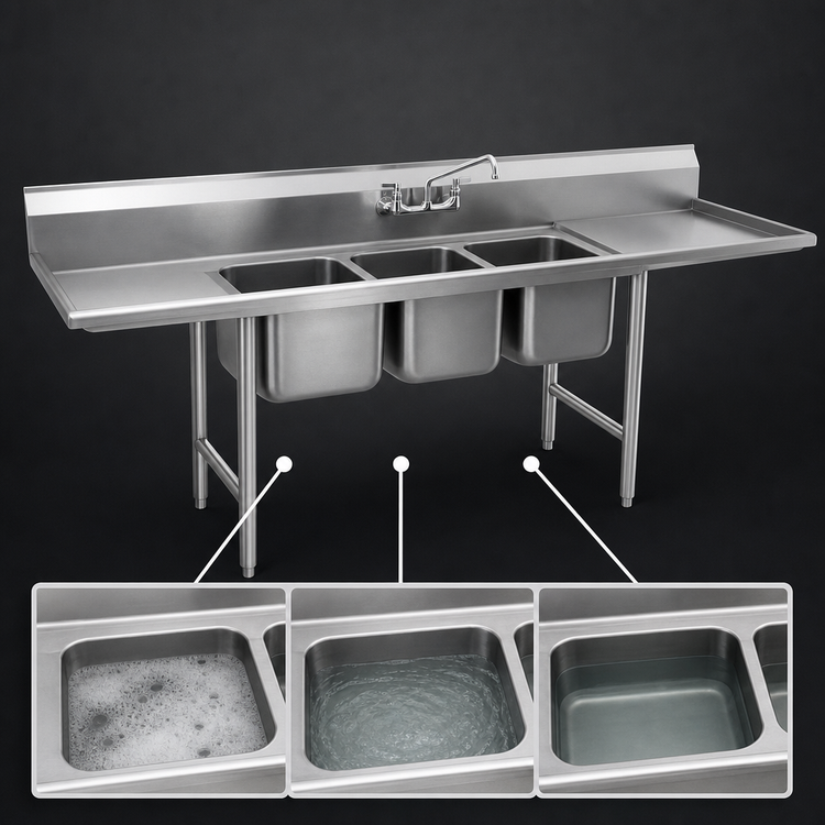 Product image #3 for Eagle Group 314 Series Three-Compartment Sink with Right Drainboard, 74-3/8" W x 27-1/2" D, 304 Stainless Steel