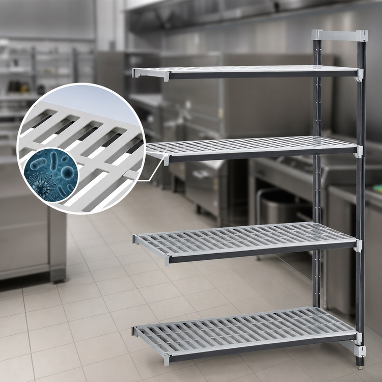 Product image #3 for Cambro Camshelving Elements XTRA Stationary Add-On Shelving Unit, 21 x 36 x 84 Inches, 4-Tier, Speckled Gray