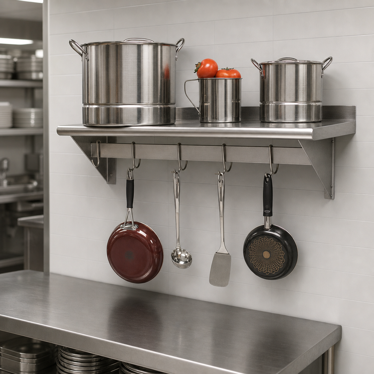 Product image #3 for Advance Tabco Wall-Mounted Stainless Steel Shelf with Pot Rack, 84 x 18 Inches
