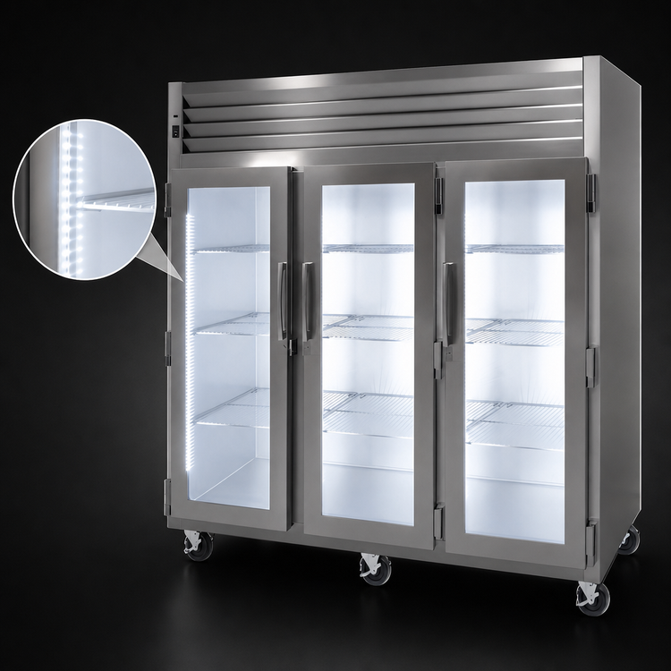Product image #3 for Dealer's Choice G Series 3-Section LED Glass Door Merchandiser Reach-In Freezer, Left/Left/Right Hinged, Self-Contained Top-Mounted, 70.67 Cu. Ft.
