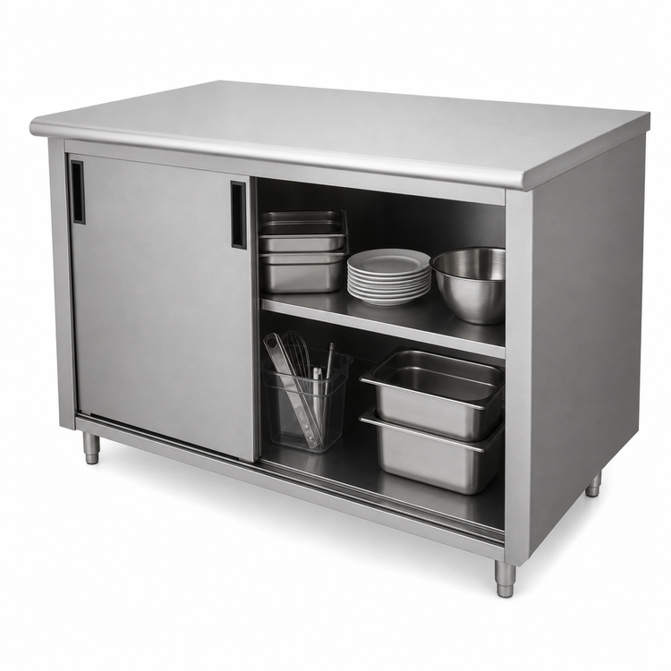 Product image #3 for Advance Tabco Special Value Economy Enclosed Work Table with Cabinet Base, Sliding Doors and Mid-Shelf, 120W x 30D, 16 Gauge 304 Stainless Steel Top