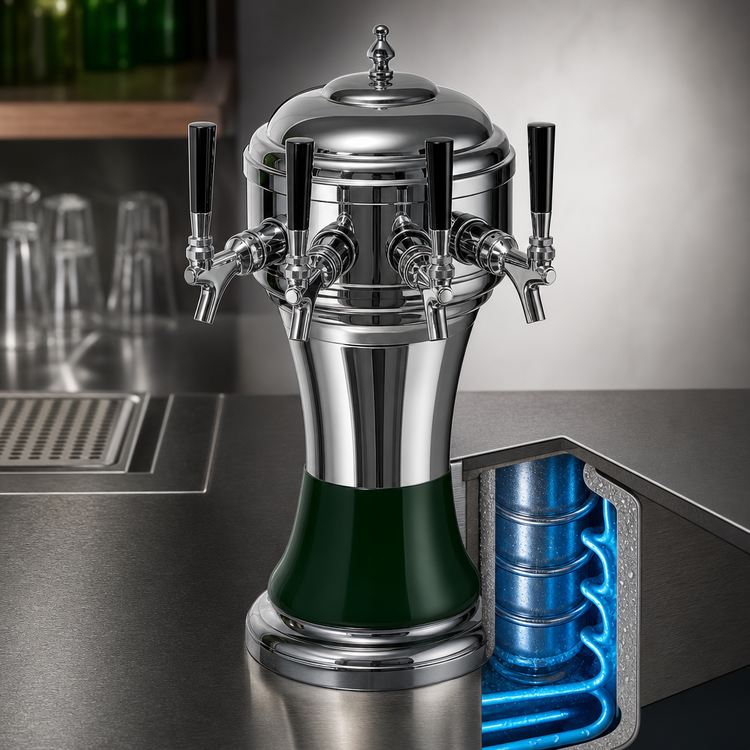Product image #3 for Perlick Roma 5-Faucet Glycol-Cooled Countertop Draft Beer Tower, Polished Chrome with Green Ceramic Skirt