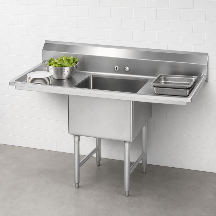 Product image #3 for Advance Tabco 1-Compartment Floor Model Fabricated Sink with Left and Right Drainboards, 30 x 24 x 14 Bowl, 78 Inch Wide, 16-Gauge 304 Stainless Steel