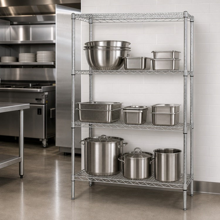 Product image #3 for Quantum 42"W x 14"D x 74"H 304 Stainless Steel Wire Shelving Starter Kit with 4 Shelves and 4 Posts