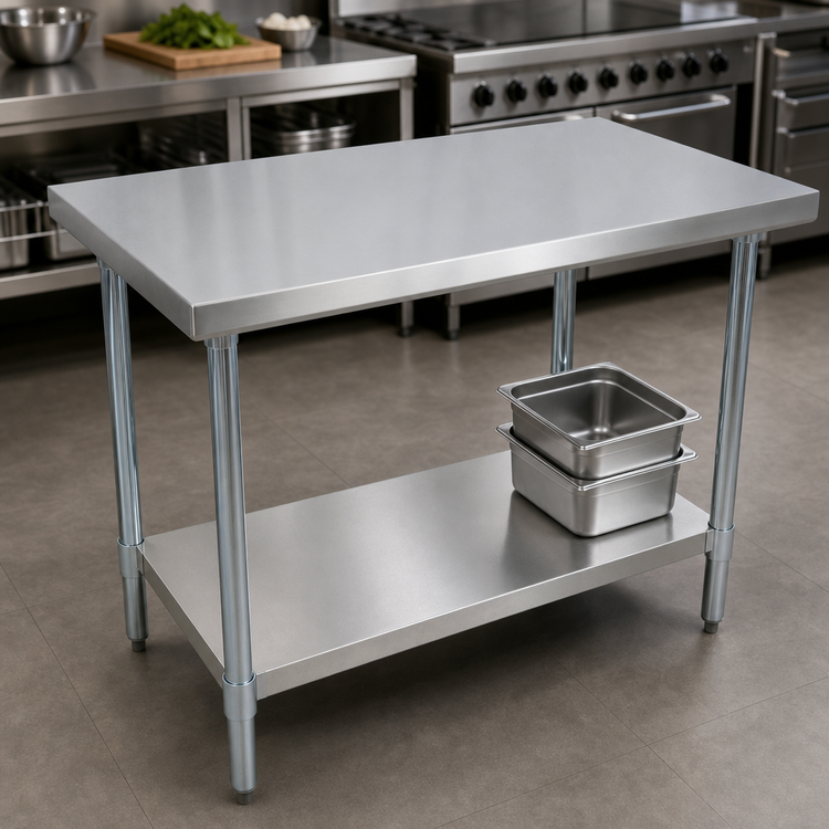 Product image #3 for BK Resources 60-Inch x 36-Inch 16-Gauge Stainless Steel Flat Top Work Table with Adjustable Undershelf