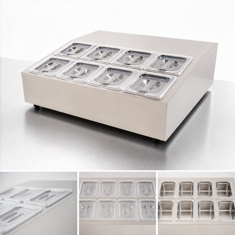 Product image #3 for Omcan Countertop Refrigerated Salad Bar Prep Rail Station, 28 Inch Wide, 8 x 1/6 Pan Capacity