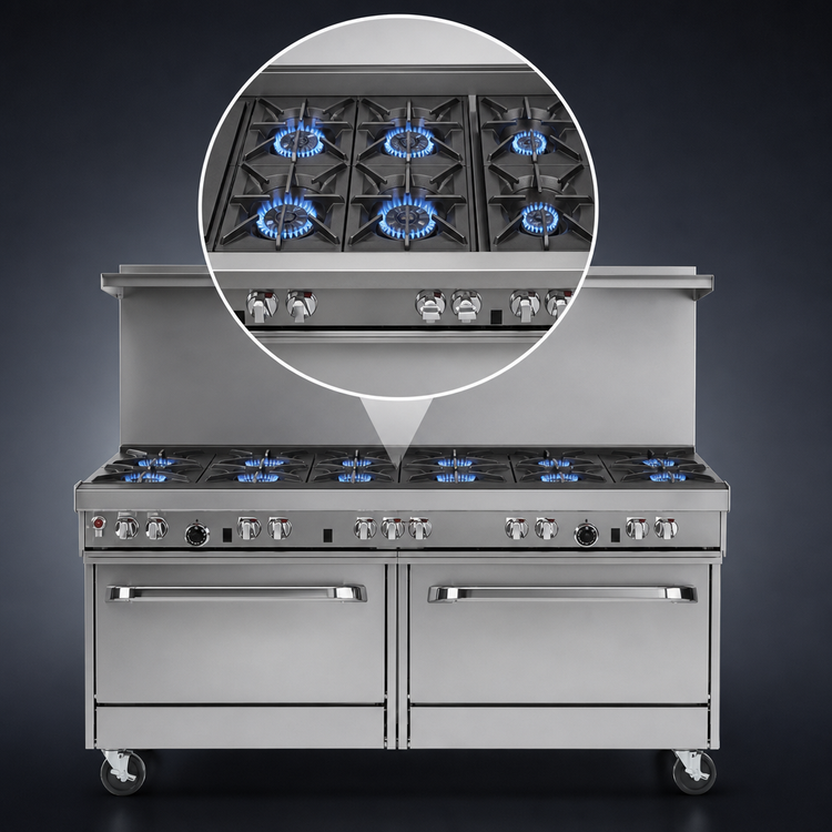Product image #3 for Ultimate 60-Inch Gas Restaurant Range with 9 Open Burners and 2 Convection Ovens