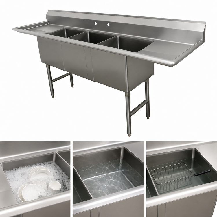 Product image #3 for Advance Tabco Special Value Series 3-Compartment Fabricated Sink with Left and Right Drainboards, 102 x 24 Inch, 18 x 18 x 14 Inch Bowls