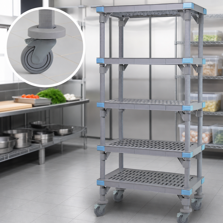 Product image #3 for Millenia 5-Shelf Mobile Polymer Shelving Starter Unit with Open Grid Shelves, 72W x 21D x 86H, Gray