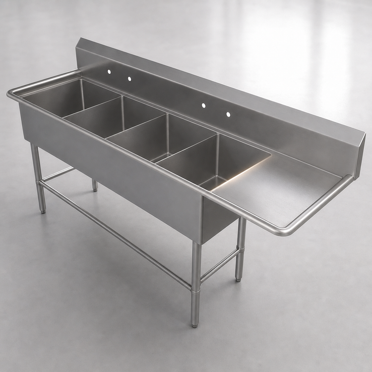 Product image #3 for John Boos Pro-Bowl 4-Compartment Stainless Steel Floor Model Sink with Right Drainboard, 12" Deep Bowls
