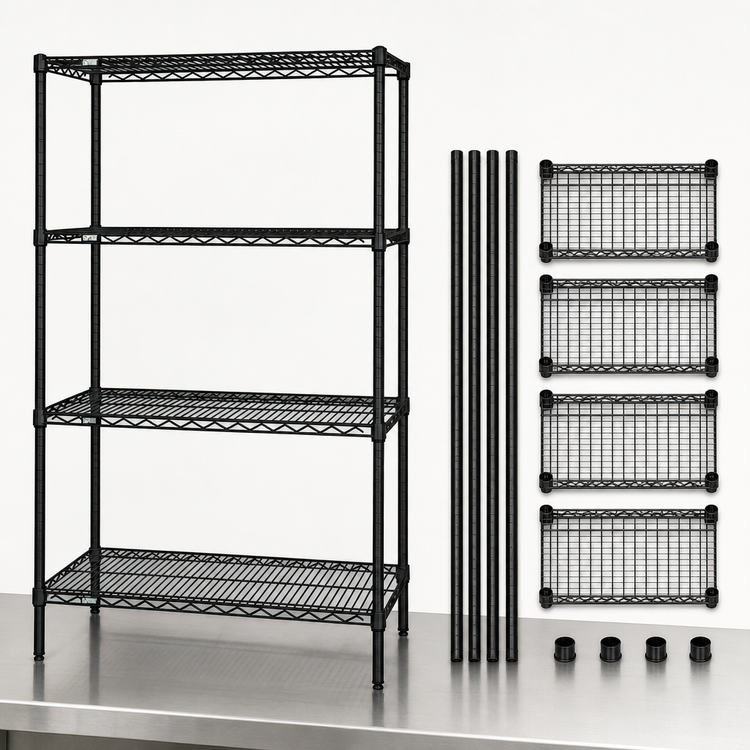 Product image #3 for Quantum Stationary Wire Shelving Starter Kit, 60"W x 30"D x 86"H, Black Epoxy Antimicrobial
