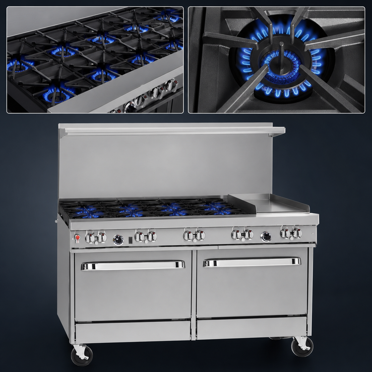 Product image #3 for 60-Inch Commercial Gas Restaurant Range with 6 Burners, 24-Inch Griddle/Broiler, Standard Oven and Cabinet Base