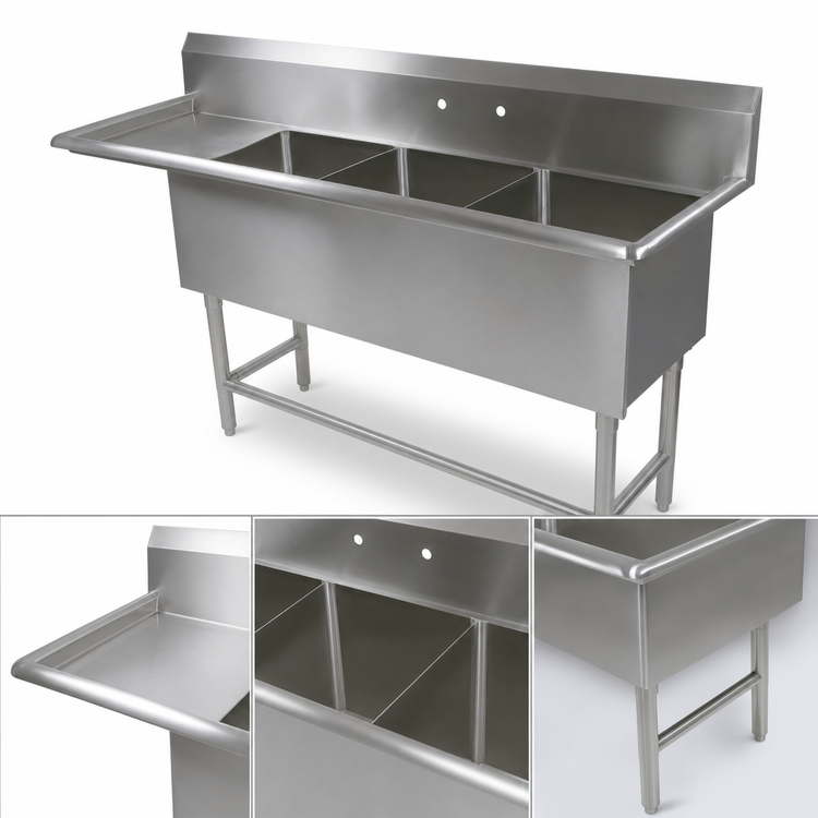 Product image #3 for John Boos Pro-Bowl 3-Compartment Sink with Left Drainboard, 30" x 24" x 14" Bowls