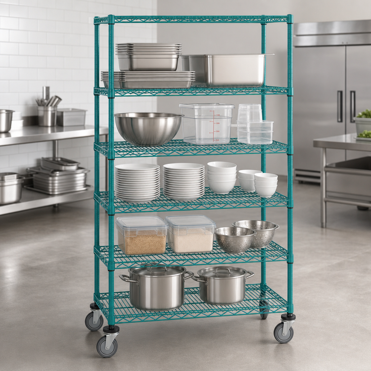 Product image #3 for Quantum 36 x 24 x 80-Inch Mobile Wire Shelving Cart with 5 Shelves, Green Epoxy Coating