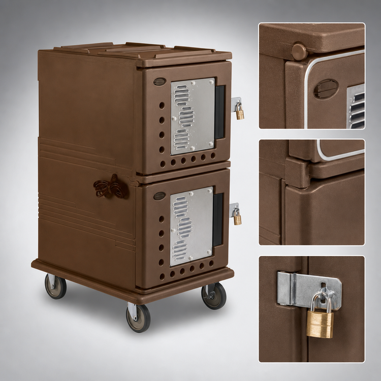 Product image #4 for Cambro Ultra Camcart H-Series Front-Loading Heated Food Pan Carrier with Security Package, 2-Compartment, 110V, Dark Brown