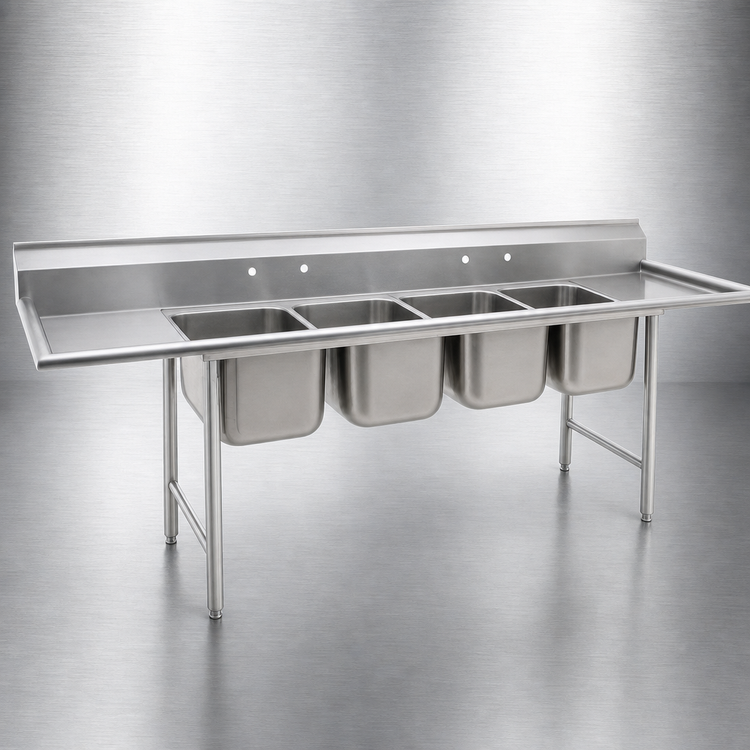 Product image #3 for Eagle Group 314 Series Four-Compartment Coved Corner Sink with 24-Inch Right-Hand Drainboard, 304 Stainless Steel