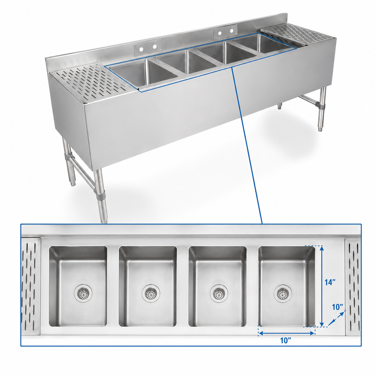 Product image #3 for John Boos 4-Compartment Underbar Sink Unit with Dual 12-Inch Drainboards, 72 x 21 Inches