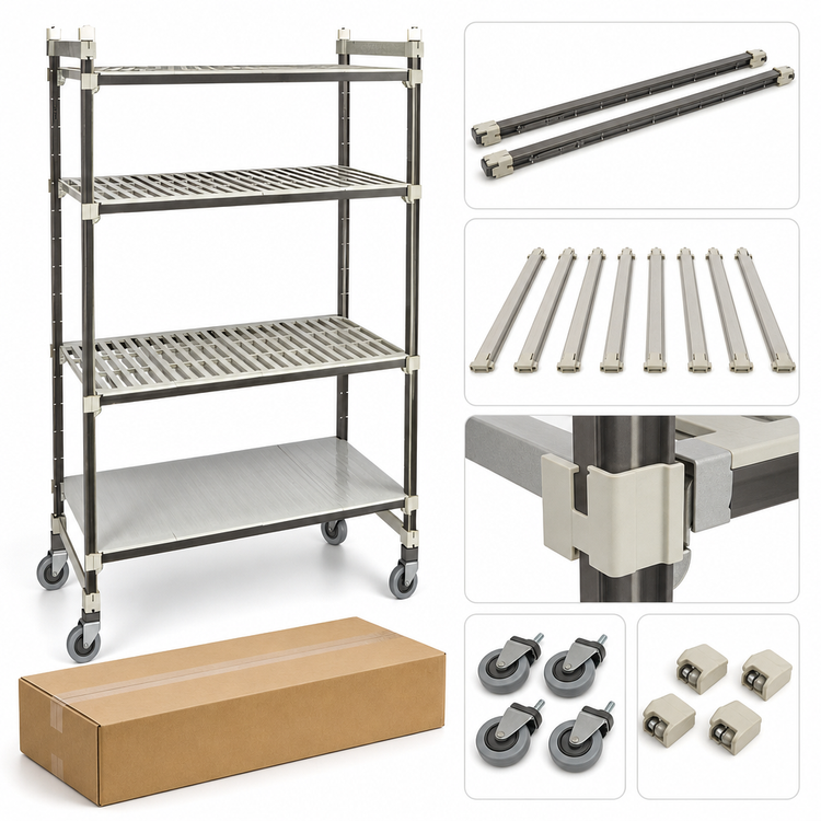Product image #3 for Cambro Camshelving Elements XTRA 4-Tier High Density Top Rail Mobile Starter Shelving Unit, 24 x 48 x 80 Inches, 3 Vented + 1 Solid, Speckled Gray