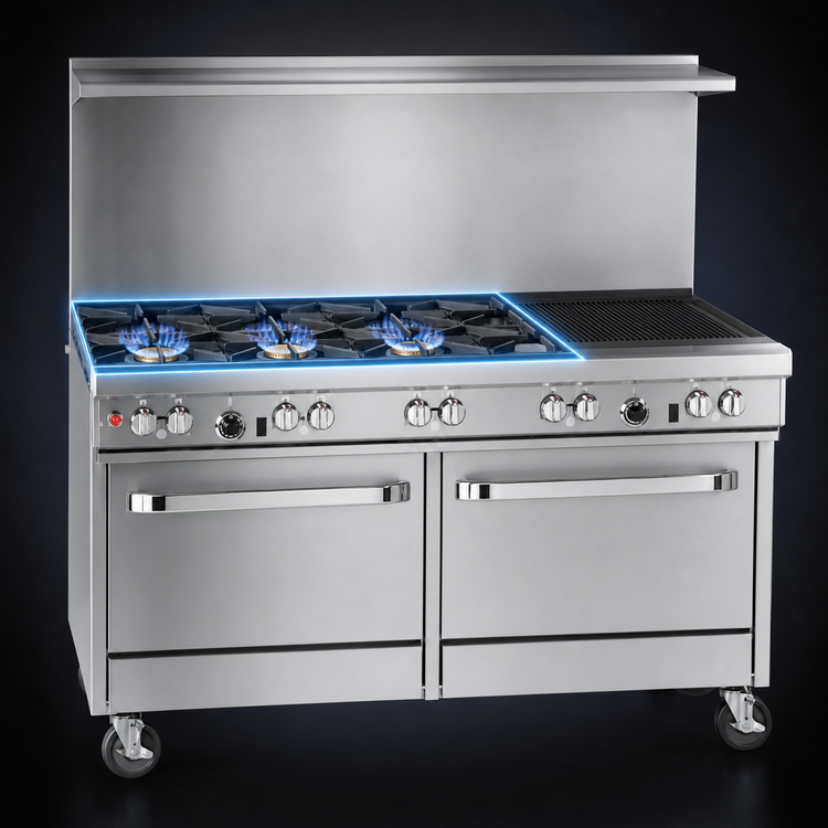 Product image #3 for Southbend Ultimate 60-Inch Gas Restaurant Range with 4 Pyromax Burners, 24-Inch Charbroiler, Convection Oven and Cabinet Base