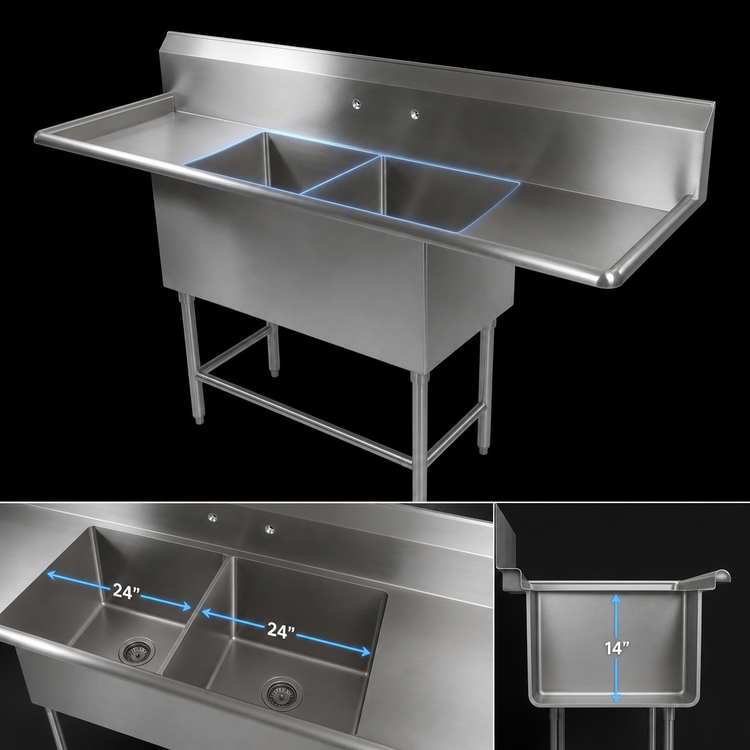 Product image #3 for John Boos Pro-Bowl 2-Compartment Stainless Steel Sink with Left and Right Drainboards, 111-1/4 Inch Wide