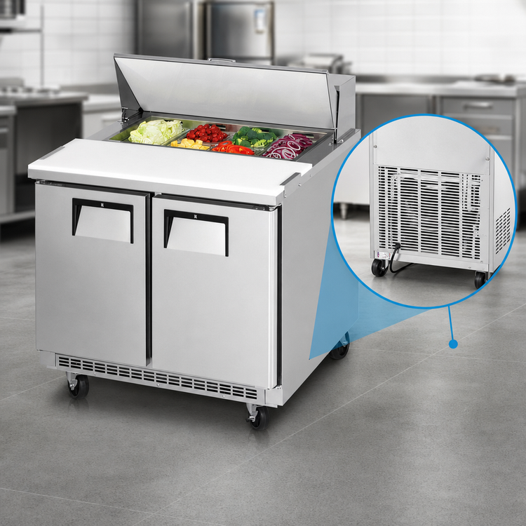Product image #3 for Everest Refrigeration 35-5/8-Inch Wide Two-Section Sandwich Prep Table with Rear-Mounted Self-Contained Refrigeration, 10 Cu. Ft., 8-Pan Top