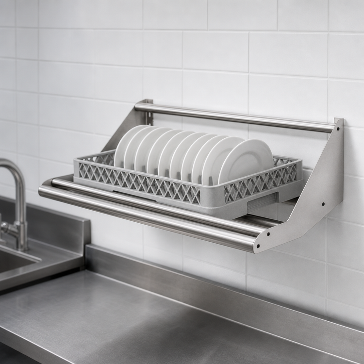 Product image #3 for Advance Tabco Wall-Mounted Tubular Sorting Shelf, 22 Inch Stainless Steel, Holds 1 Full-Size Dish Rack