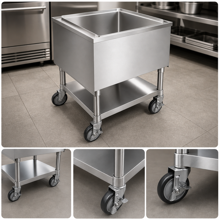 Product image #3 for Mobile Stainless Steel Ice Bin with Undershelf and 5-Inch Casters