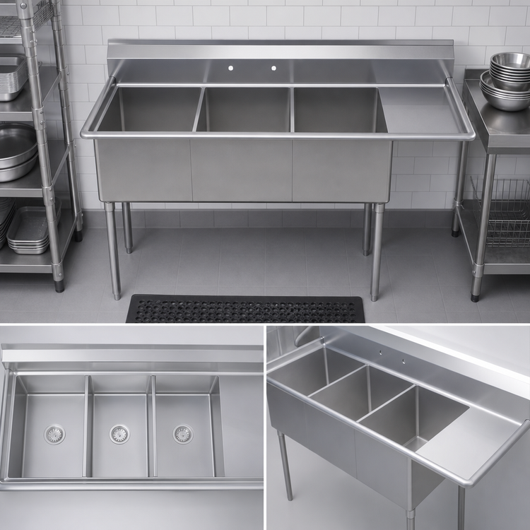 Product image #3 for 3-Compartment Stainless Steel Sink with Right Drainboard and Backsplash