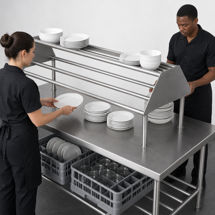 Product image #3 for John Boos Double-Sided Tubular Stainless Steel Sorting Shelf for Soiled Dish Tables, 96 Inch x 30-1/2 Inch