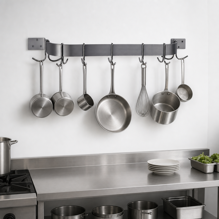 Product image #3 for Advance Tabco Wall-Mounted Single-Bar Stainless Steel Pot Rack, 72-Inch, 9 Double Hooks