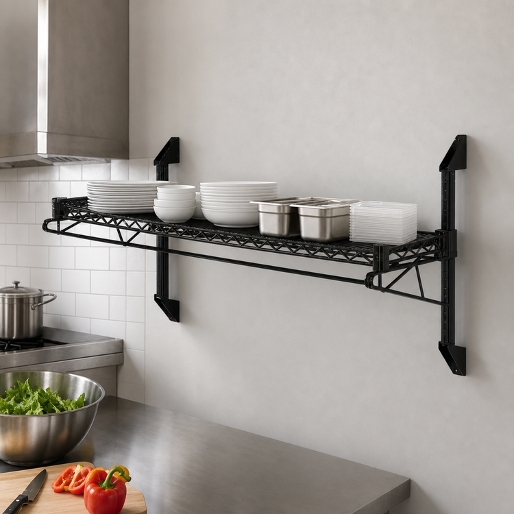 Product image #3 for Quantum Cantilever Single Shelf Wall-Mount Wire Shelving Unit, 72 x 14 Inch, Black Epoxy Antimicrobial Finish
