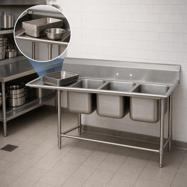 Product image #3 for Advance Tabco Regaline 3-Compartment Sink with Left-Hand Drainboard, 24 x 24-Inch Compartments, 14-Gauge 304 Stainless Steel