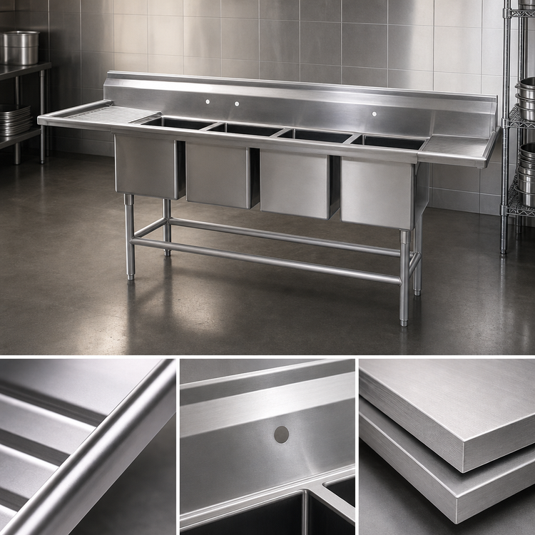 Product image #3 for Eagle Spec-Master FN2064-4-24-14/3 Four-Compartment Coved Corner Stainless Steel Sink with Dual 24-Inch Drainboards
