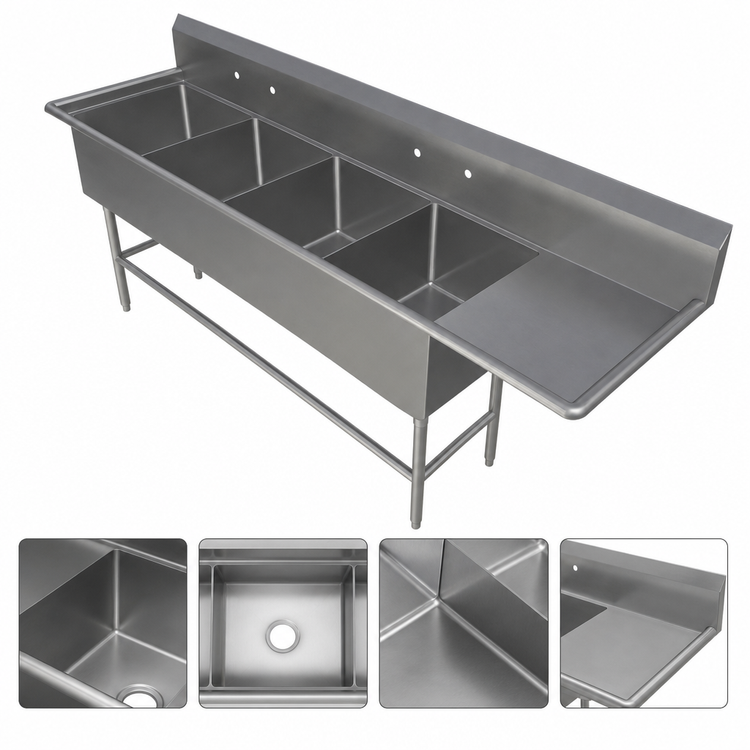 Product image #3 for John Boos Pro-Bowl 4-Compartment Sink with Right Drainboard, 20 x 20 x 12 Bowls, 16-Gauge Stainless Steel