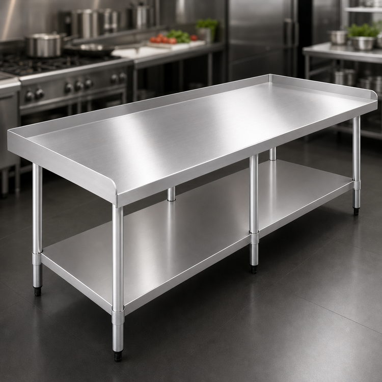 Product image #3 for 72 Inch x 30 Inch Stainless Steel Equipment Stand with Undershelf, 2 Inch Upturn, 6 Legs, and Adjustable Bullet Feet