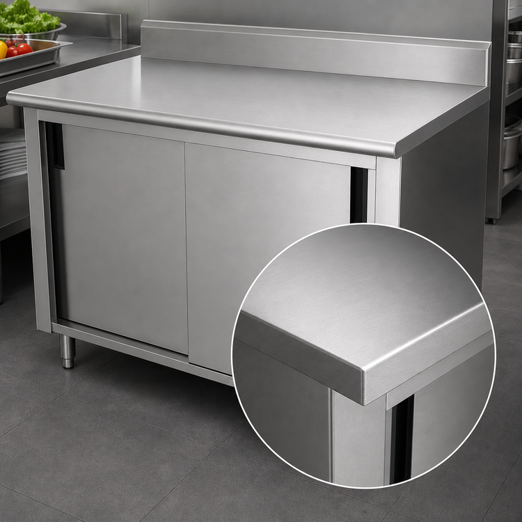 Product image #3 for Advance Tabco 144-Inch x 24-Inch Enclosed Work Table with Cabinet Base, Sliding Doors, 14-Gauge 304 Stainless Steel Top, 5-Inch Backsplash