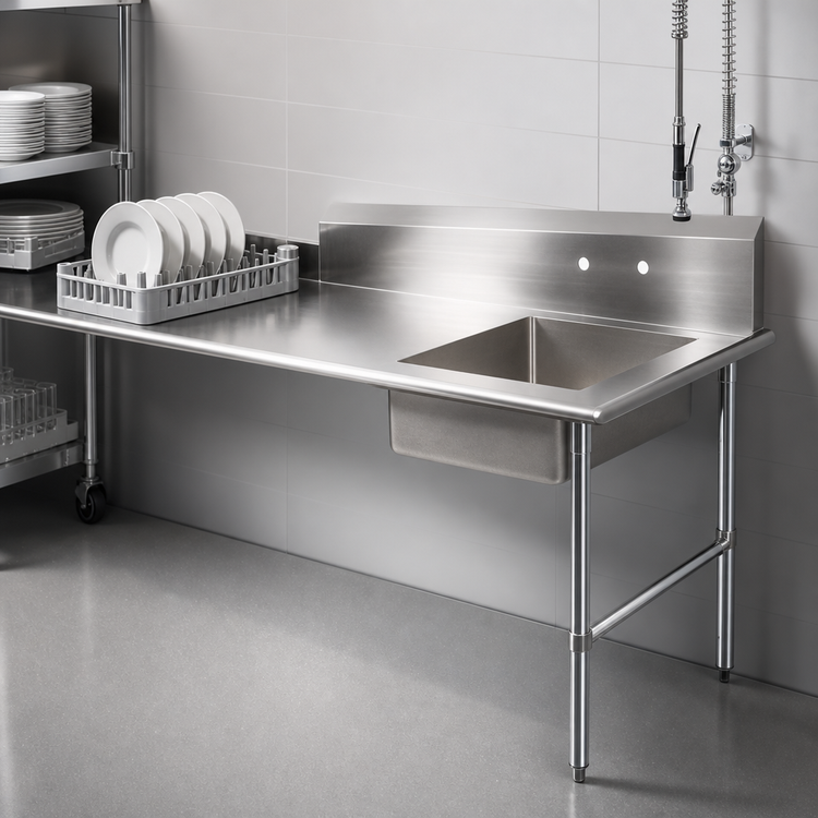 Product image #3 for BK Resources Heavy-Duty Straight Soiled Dishtable with Right-to-Left Operation, 48 Inch x 30-7/8 Inch, 10-Inch Backsplash, and Pre-Rinse Sink