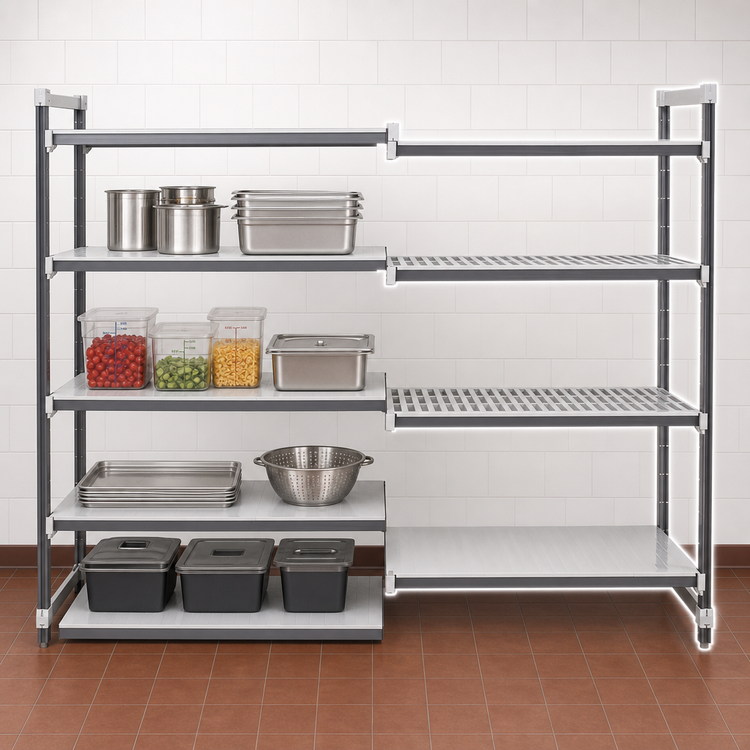Product image #3 for Cambro Camshelving Elements XTRA Stationary Add-On Polymer Shelving Unit, 24-Inch Wide x 18-Inch Deep x 84-Inch High, 4-Shelf Louvered & Solid, Speckled Gray
