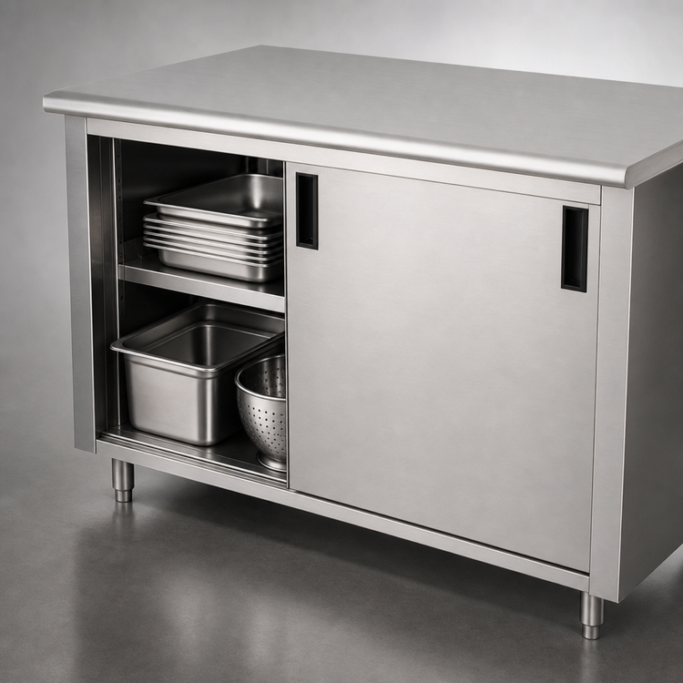 Product image #3 for Advance Tabco Enclosed Work Table with Cabinet Base and Sliding Doors, 84 x 30 Inches, 14-Gauge 304 Stainless Steel Top