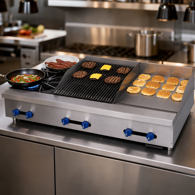 Product image #3 for Comstock-Castle 48-Inch Countertop Gas Hotplate, Griddle and Char-Broiler Combination with 2 Open Burners
